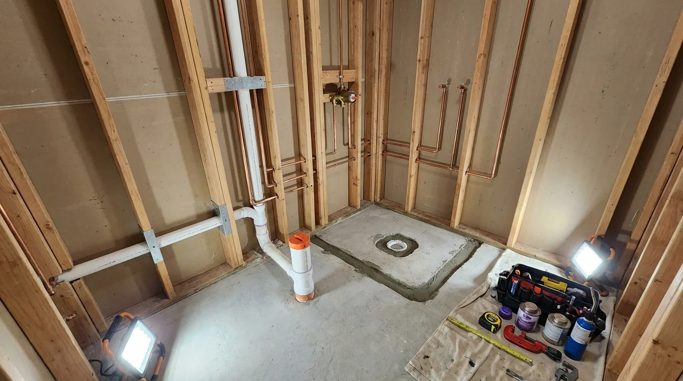 Bathroom rough-in plumbing during remodel by Johns Plumbing LLC in Gas City