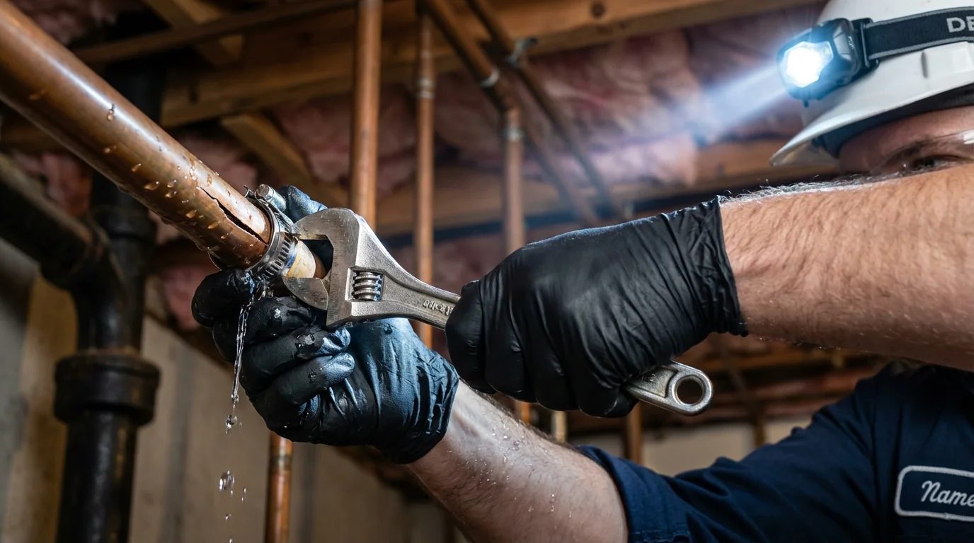 Emergency pipe clamp repair being performed by a Johns Plumbing LLC plumber in Gas City