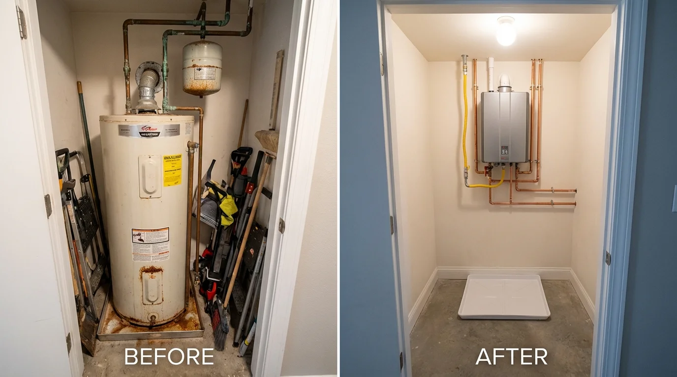 Tank water heater versus wall-mounted tankless unit comparison for Gas City, IN homeowners