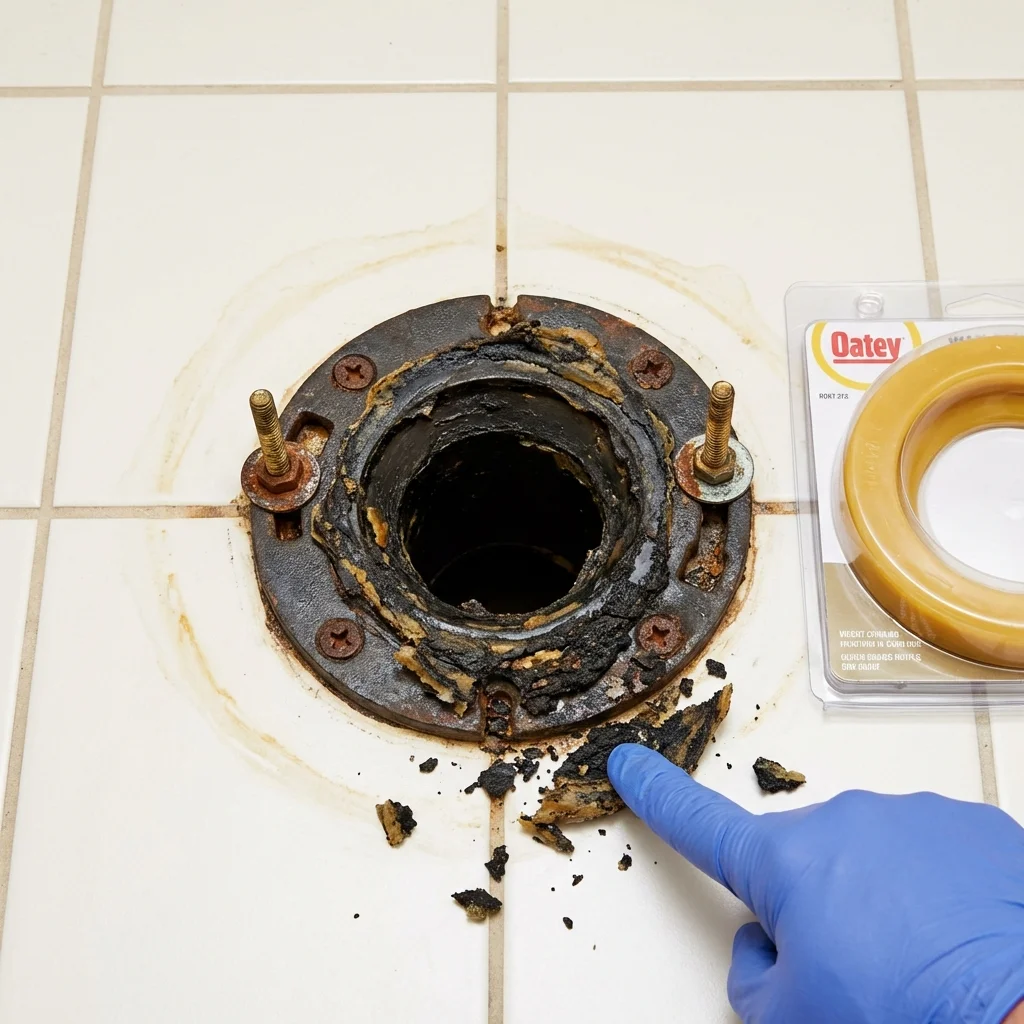Failed wax ring showing water seepage at the base of a toilet in a Gas City, IN home