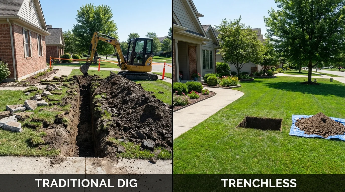 Trenchless sewer repair with minimal yard damage versus traditional excavation in Gas City, IN