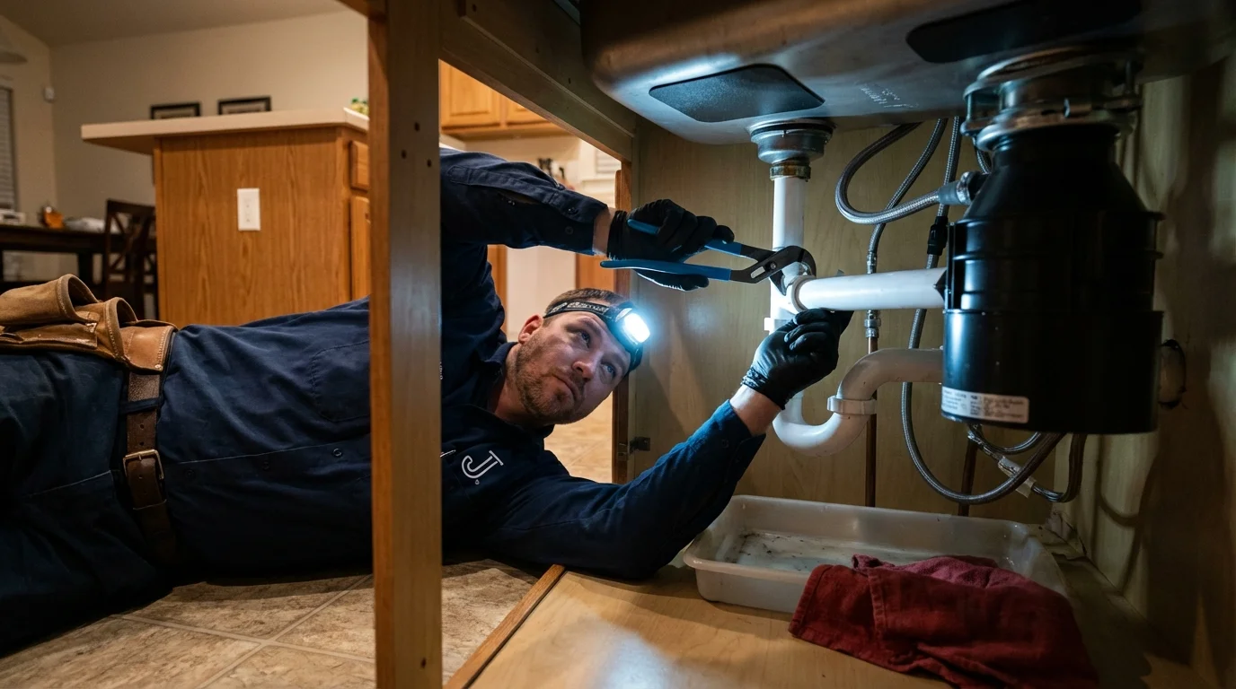 P-trap and supply line connections under a kitchen sink showing a common leak point in Gas City, IN